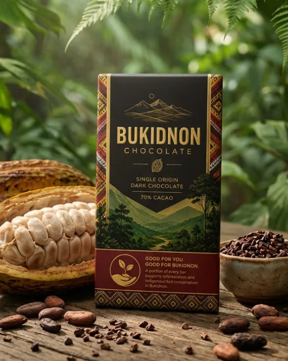 Bukidnon single origin 70% dark chocolate bar with cocoa pods, beans, and nibs on wooden surface.