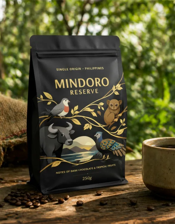 Black coffee bag labeled Mindoro Reserve with illustrations of a bird, monkey, buffalo, peacock, and landscape.