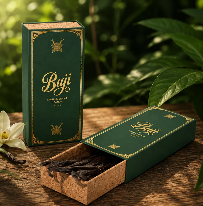 Green boxes of Buji vanilla beans from Uganda with an open box showing dark vanilla pods inside.